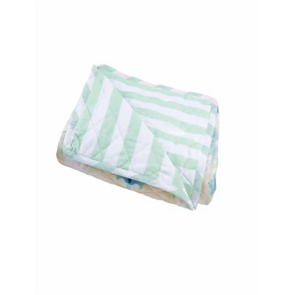 NEW LAURA PARK quilted baby blanket in coral blue and blue stripe reverse